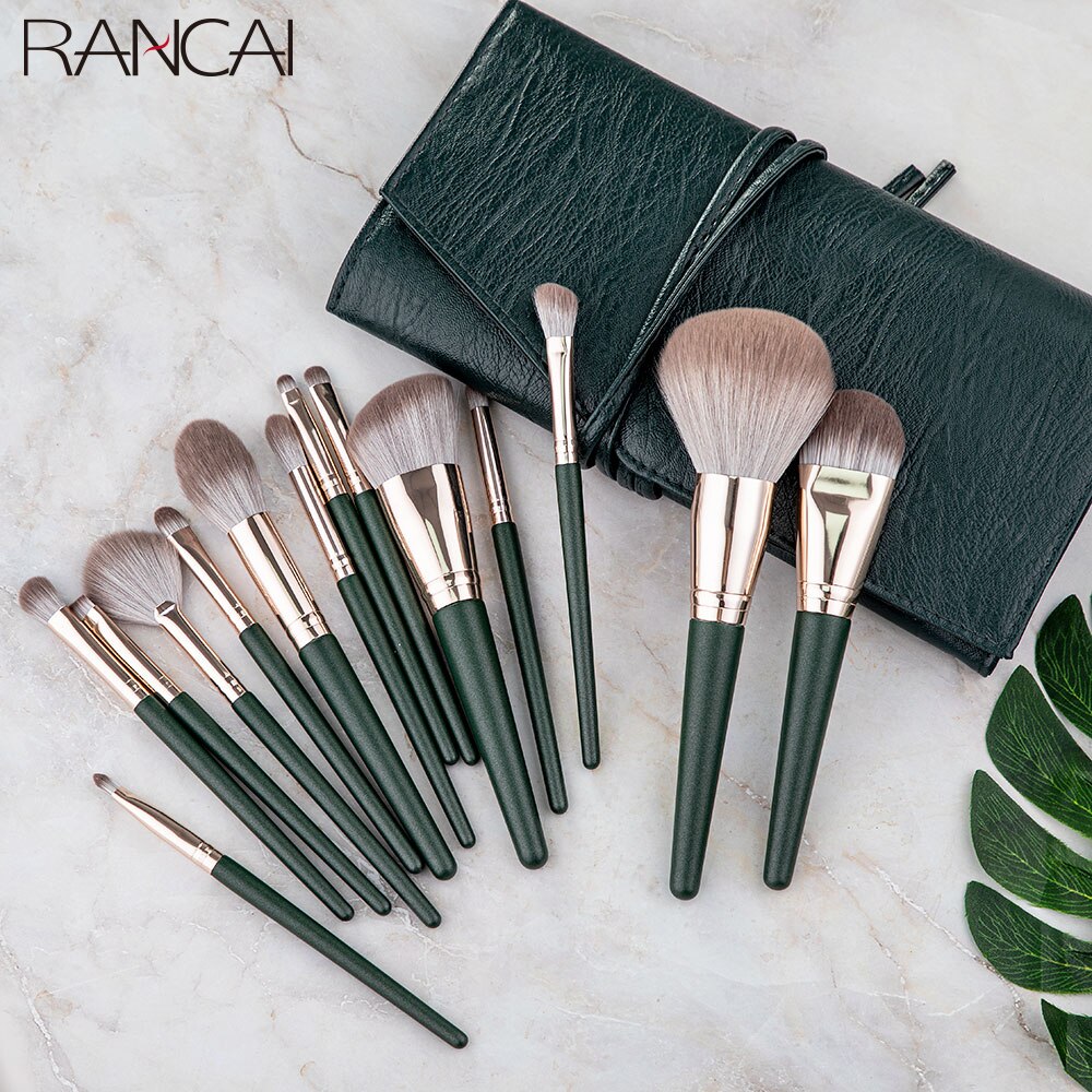 Rancai 14 stuks make-up kwastenset crochas maquillaje green large losse poeder hoogglans oogschaduw foundation contour synthetihair