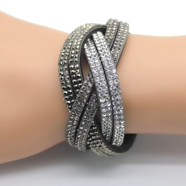 XQNI, pulsera clásica de piel para mujer, brazalete de 18cm de gran con diamantes de imitación envueltas, dije de cristal, pulsera de mujer, joyería: SLPG344