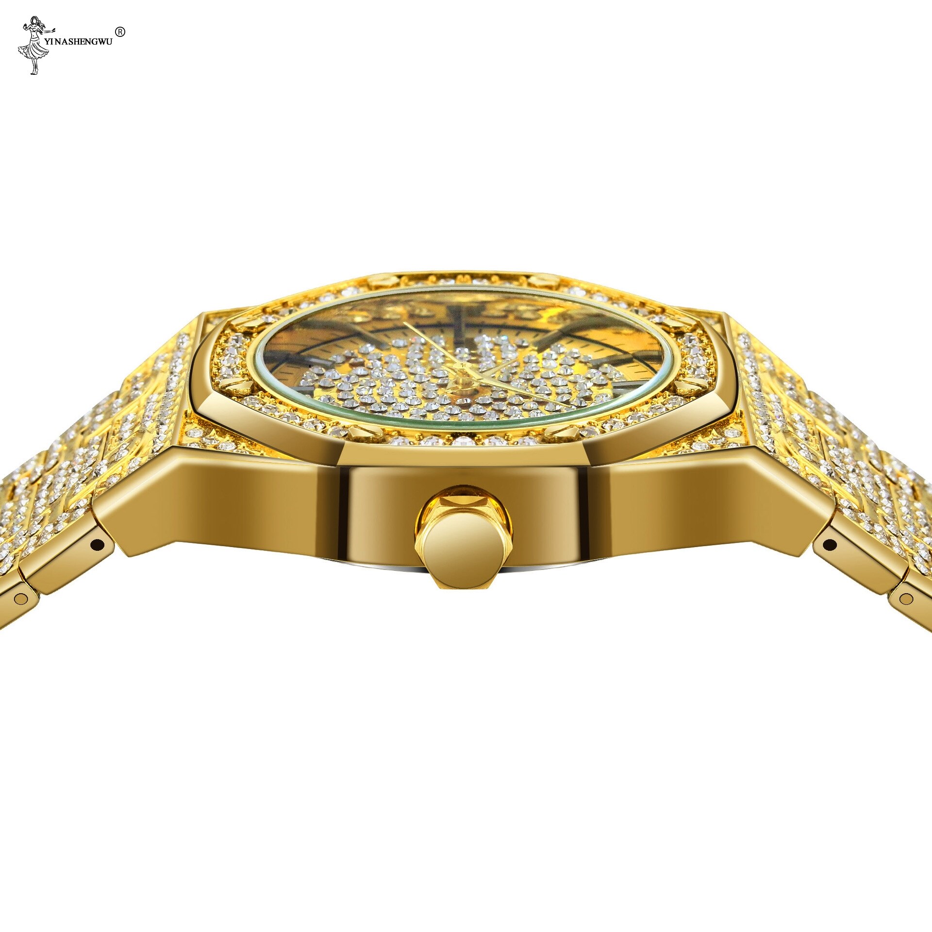 18K Gold Iced Out Lab Steentjes Luxe Rvs Analoge Quartz Waterdicht Minnaar Horloge Set Relogio masculino