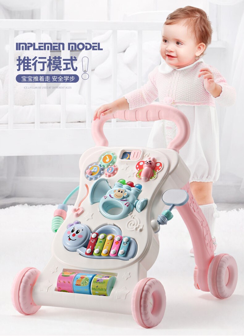 Andador de bebés de , juguete multifuncional, carrito para niños pequeños, andador Musical de ABS con tornillo ajustable: Rosa