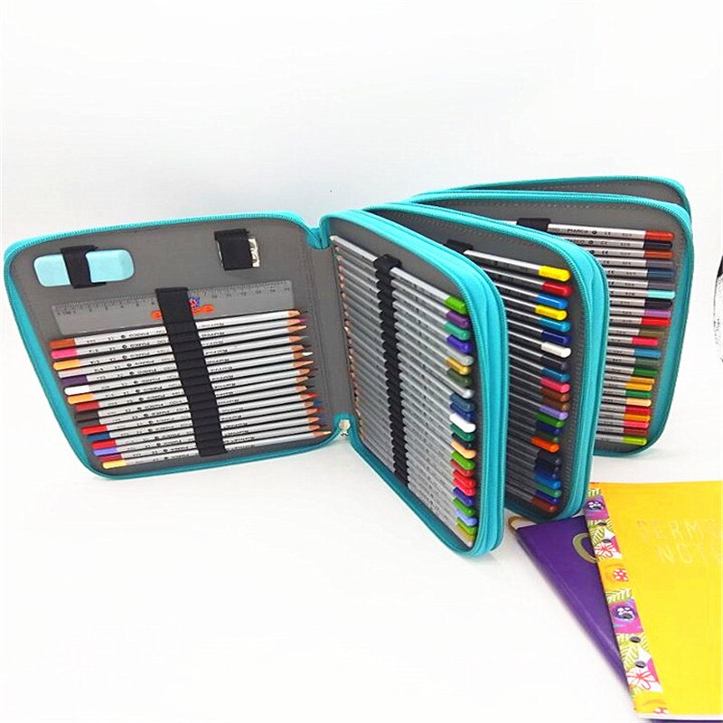 Pu leren school etui met 184 gaten, grote capaciteit, kleurpotloodtas, multifunctionele etui voor kunstbenodigdheden: Meerblauw