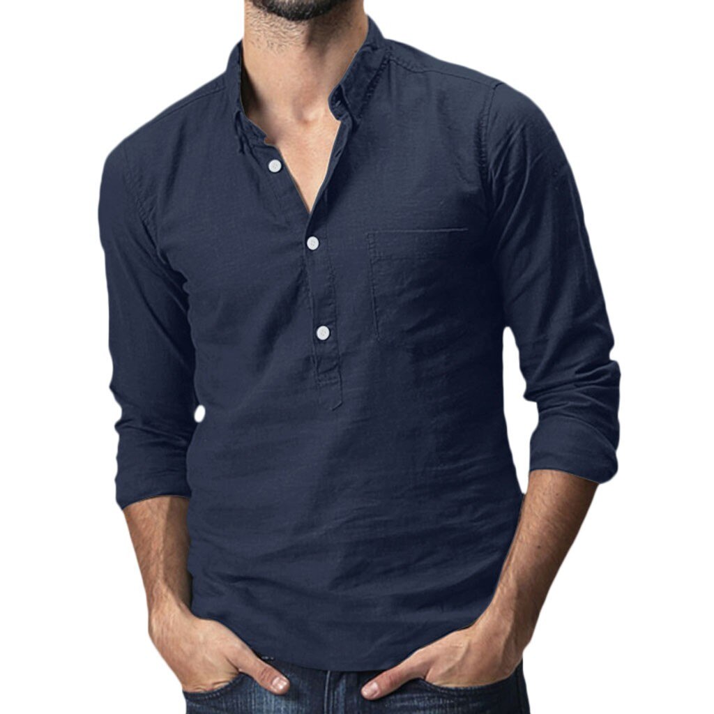 Summer hawaiian Shirt Men's Baggy Cotton Linen Solid Pocket Long Sleeve Turn-down Collar Shirts Tops M-3XL Camisas Hombre: Navy  / M