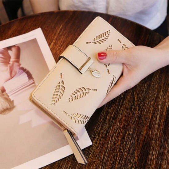 Women's Wallet PU Leather Purse Lady Girl Female Long Wallets Hollow Leaves Coin Purse Card Holder Clutch: Khaki