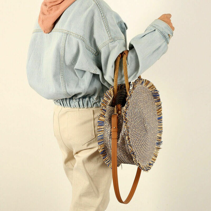 Bolsa de paja para playa para mujer, bolso redondo de tejido bohemio, bolso de mimbre de paja Vintage, bolso de playa con flecos, bolso de mano con flecos