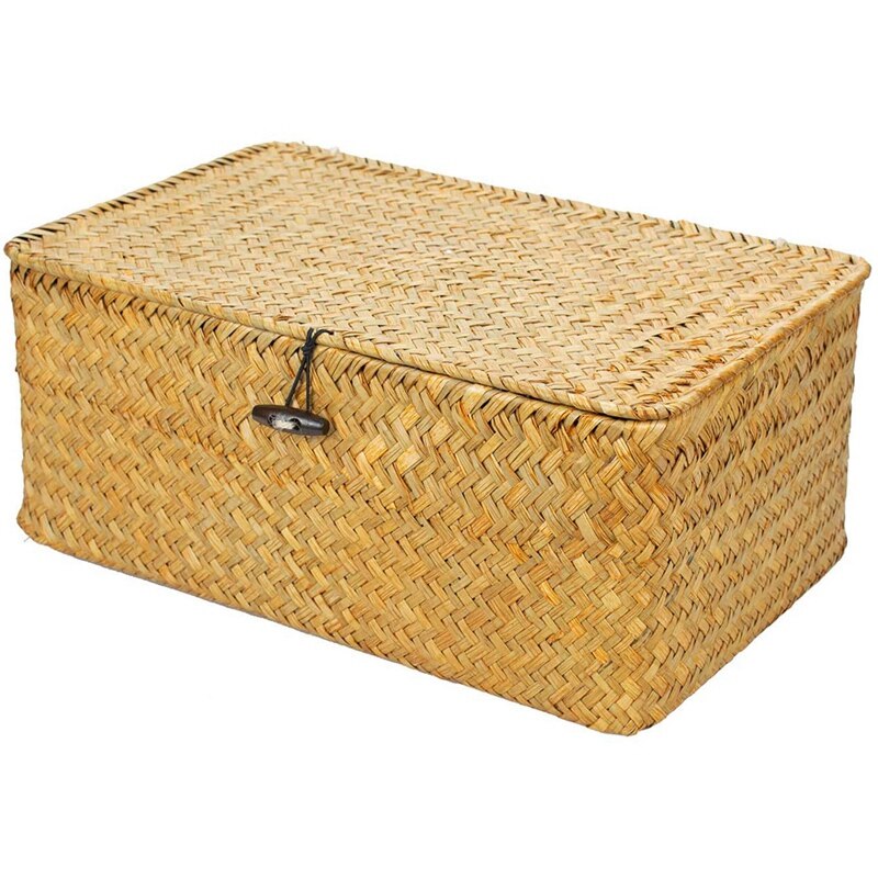Woven Wicker Storage Bins with Lid - Set of 3 - Rectangular Seagrass Basket/Storage Basket For Shelf Organizer