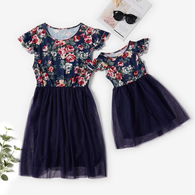 Short Sleeve Mother Daughter Matching Dresses Patchwork Mesh Family Look Mommy And Me Mommy And Baby Floral Outfits
