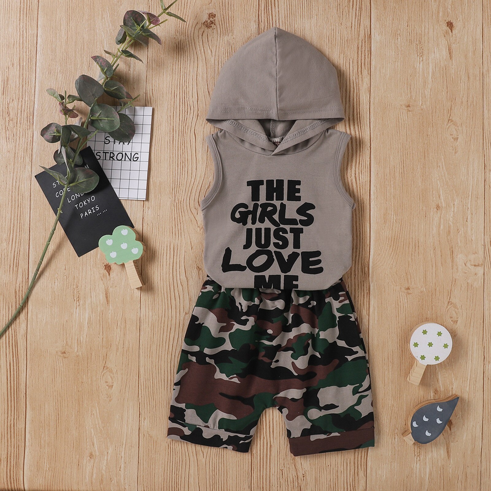 40# Toddler Baby Kids Boys Clothes Short Sleeve Letter Positioning Print Hooded Top + Camouflage Pants Baby Boy Clothes Set