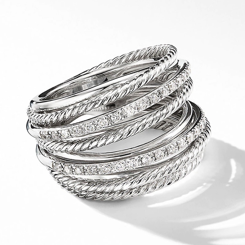 Huitan-anillos de fila múltiple para mujer, Color plateado, brillante, CZ, metálico, estilo OL, anillos de dedo versátiles para oficina, joyería de