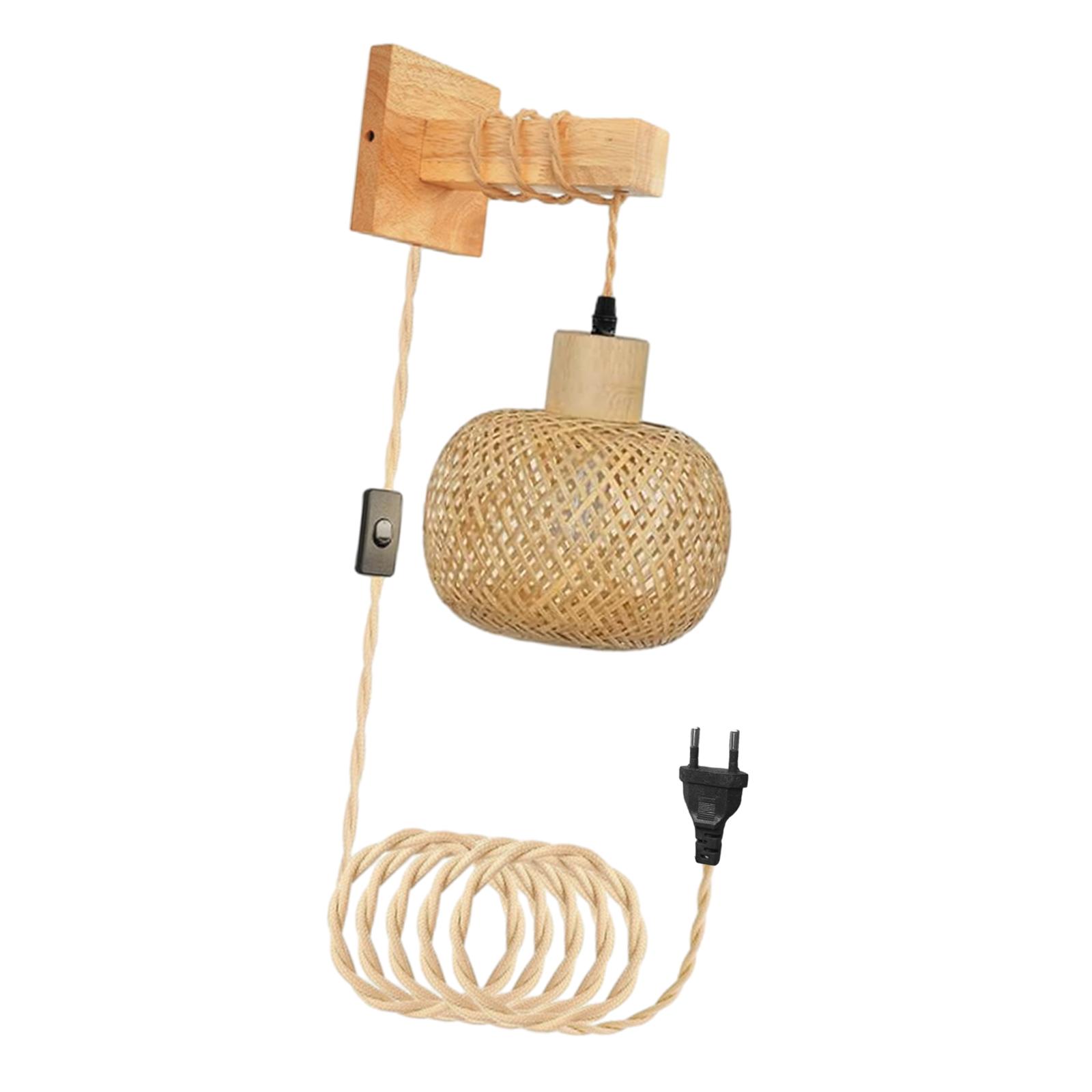 Wall Sconce Hand Woven Boho Bamboo Bedside Wall Lamp Plug in Pendant Light for Home Bedroom Living Room Light Fixtures EU Plug
