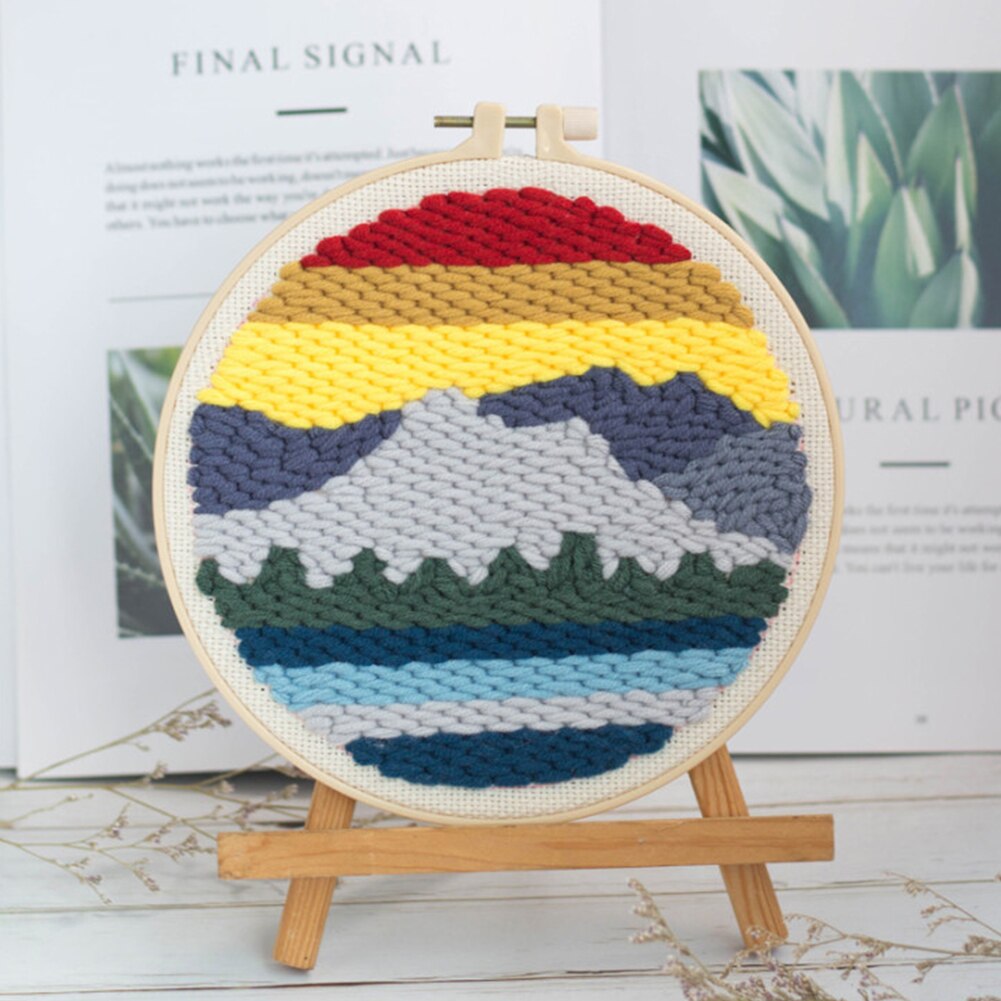 Children Adults Punch Needle Embroidery Kit Beginner Knitting Home Decor Scenery Pattern Woolen Yarn DIY Handmade
