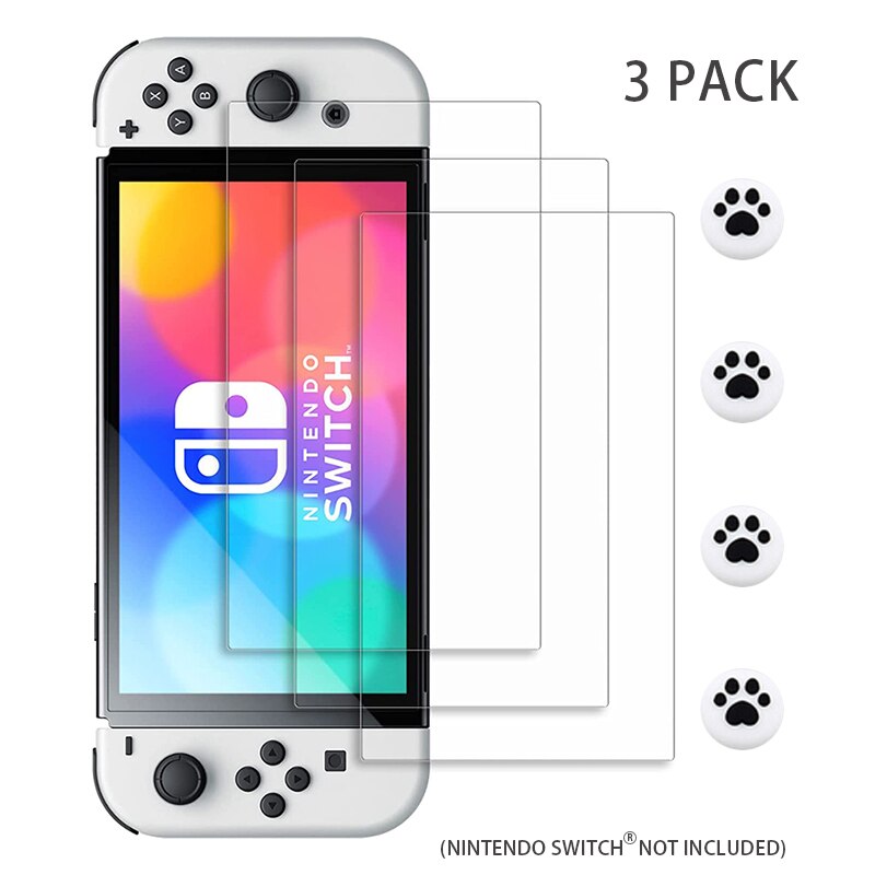 Data Kikker 3Pcs Gehard Glas Screen Protector Compatibel Nintendo Switch Oled 9H Harde Beschermende Film Siliconen Cap Accessoires: 3pcs set