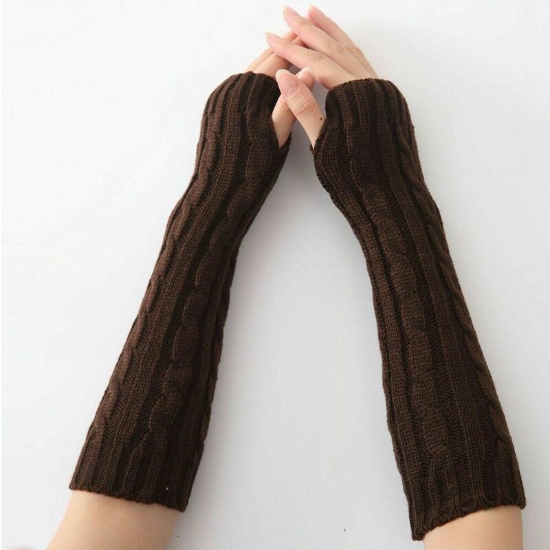 Kvinder vinter solide armopvarmere fingerløse lange handsker vanter albue strikkede ærmer cykelhandske rejsetøj: Kaffe