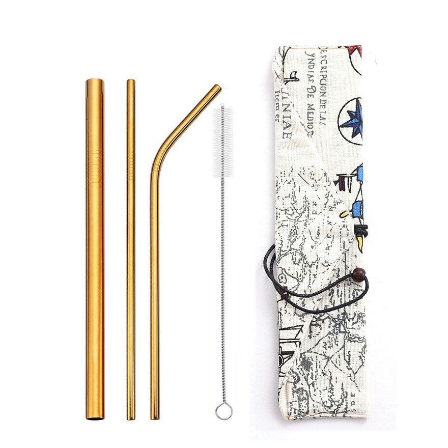 Reusable Metal Drinking Straws 304 Stainless Steel Straw Bent Straight Smoothies Straw with Cleaning Brush Bar Party Accessory: gold-bag6