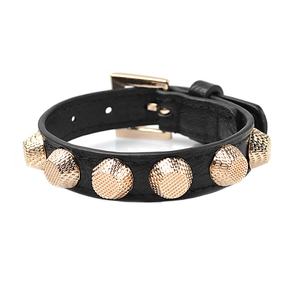 Bracelet punk en cuir noir pour femmes, bijoux de en alliage d'or, accessoires: KR1022-1