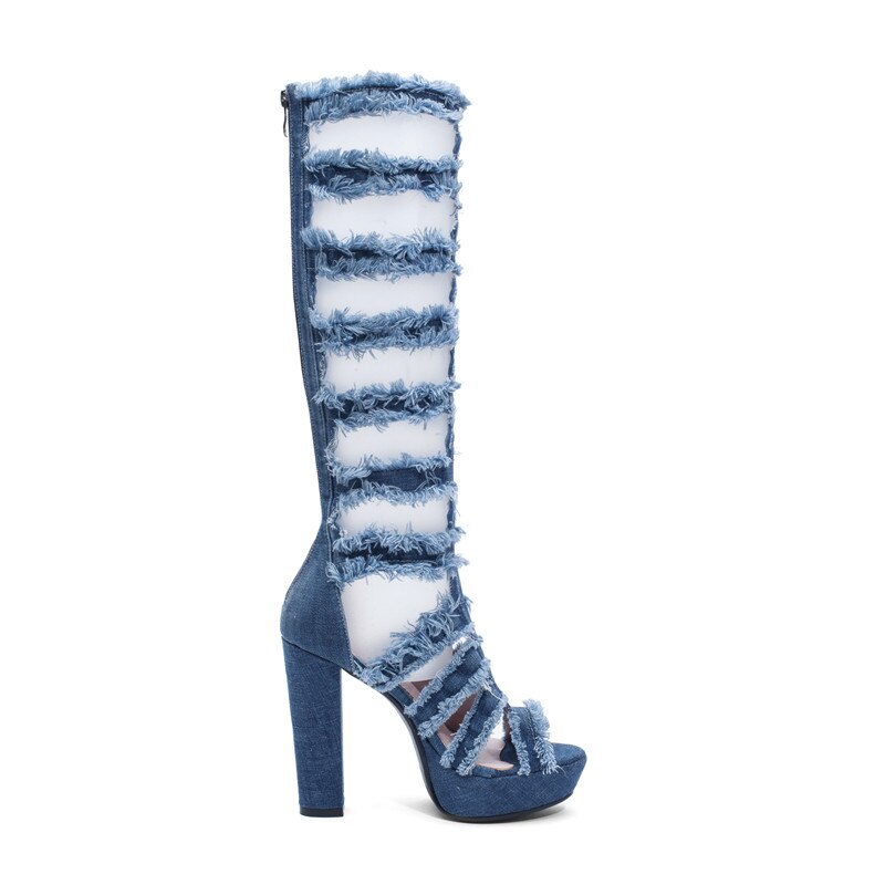 MORAZORA knie hohe stiefel frauen Denim sommer stiefel hoch Fersen plattform schuhe aushöhlen Punk prom stiefel weibliche