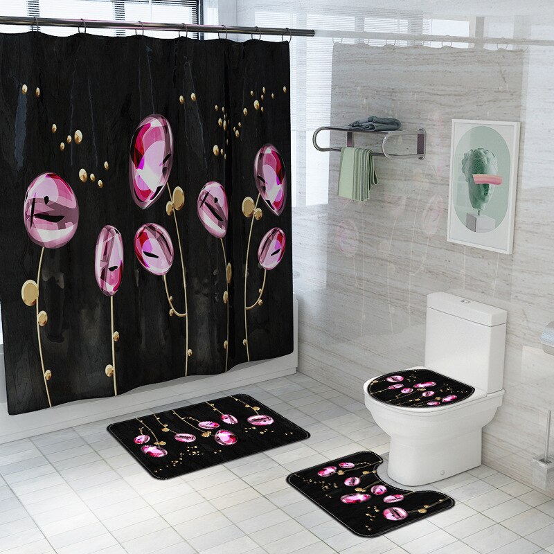 Floral Bathroom Carpet Shower Room Toilet Floor Mat Toilet Seat Cover Mat Bathroom Non-Slip Carpet Mat Set with Shower Curtain: 4pcs-730