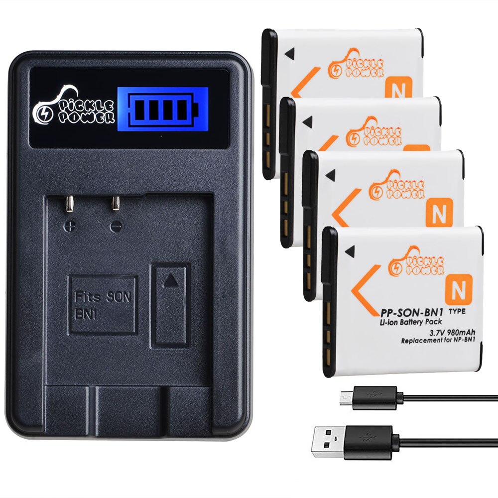 Np -bn1 np bn1 npbn 1 kamera batteri og lcd usb lader for sony  tx9 t99 wx5 wx100 tx7 tx5 wx5c w390 w380 w350 w620 w630 w670 tx100: Lader og 4 batterier