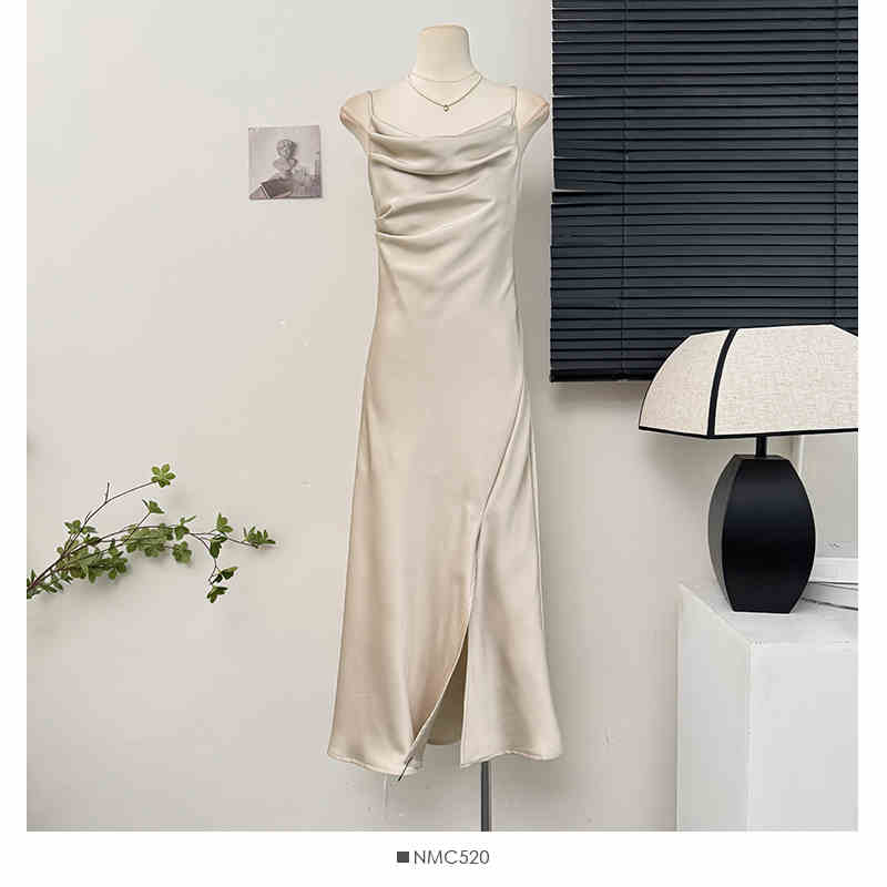 Kvinders stropkjole sommer pink satin split lone kjoler luksuriøse sexede festkjoler højtaljede slanke kjoler: L / Beige