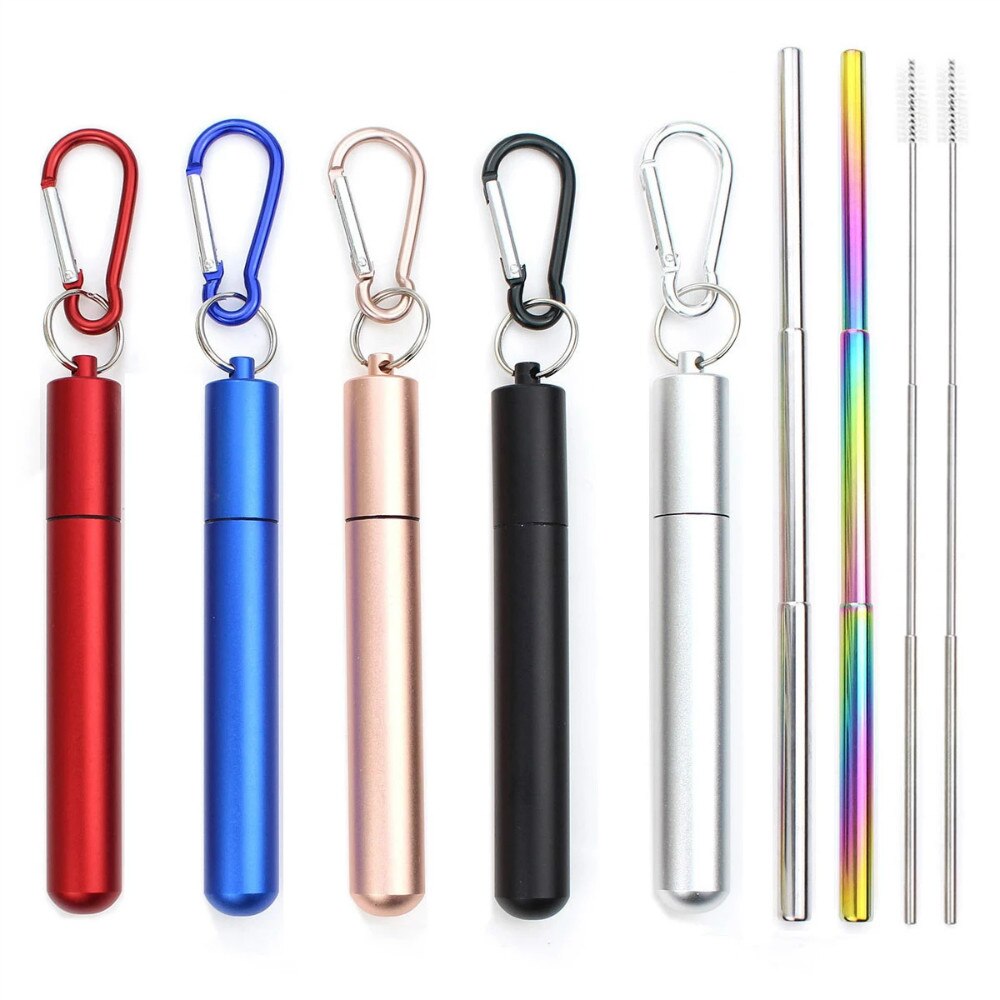 Paille télescopique en acier inoxydable, pliable et réutilisable, Portable, avec étui et brosse pour voyage en plein air