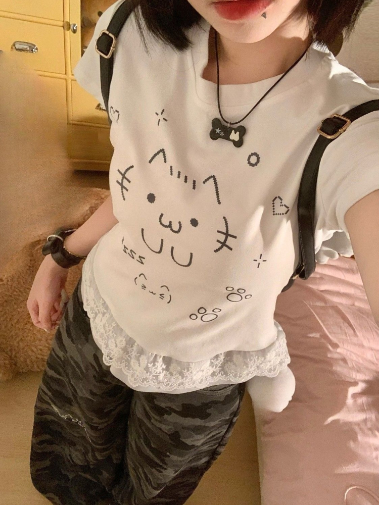 Blonde patchwork japansk kawaii søde t-shirts sommer kvinder  y2k æstetisk tegneserie kat tryk t-shirt harajuku grunge fe toppe