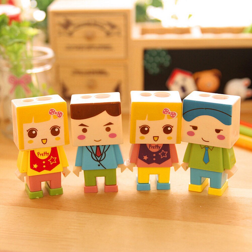 Funny Pupil Cartoon Diy Assembly Child Villain Double Hole Kid Pencil Sharpener With The Eraser Color Random Pencil Knife