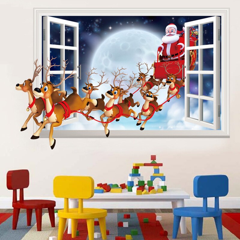 Christmas Cartoon Window Glass Stickers Showcase Removable Santa Clause Snowman Decal Adhesive Year Glass Mural Home Decor