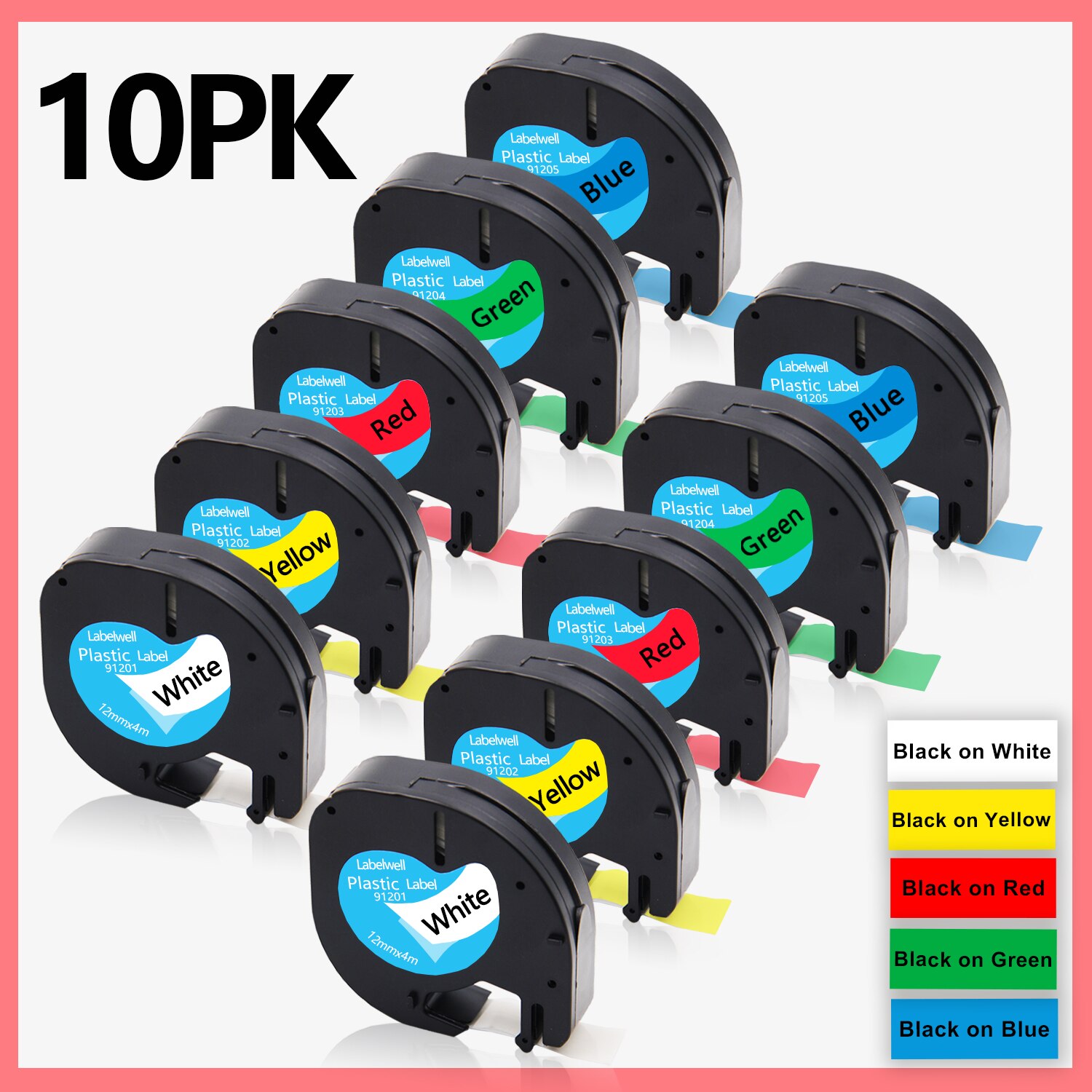 10PK Compatible Dymo LetraTag 91201 91202 12267 91200 91203 91204 91205 Plastic Label Tapes 12mm*4M for Dymo LT-100H LT-100T XR: 10PK Mixed Color