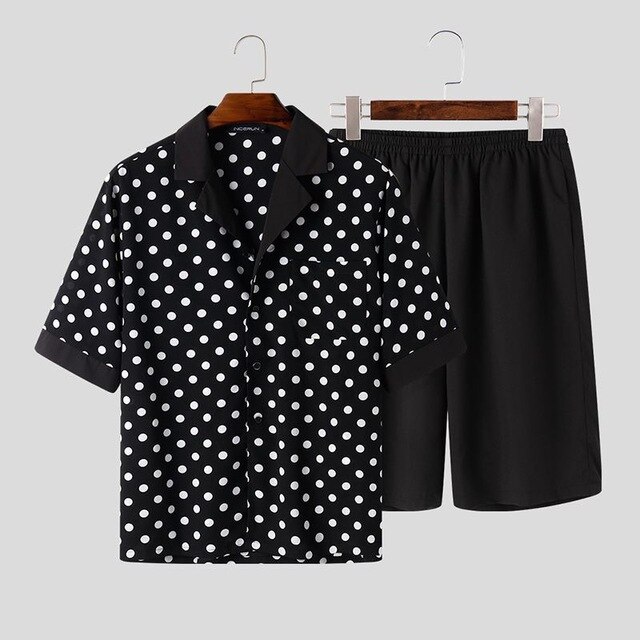 Men Loose Homewear Suits Comfy Sleepwear Sets INCERUN Leisure Polka Dot Blouse Elastice Waist Shorts Pajamas Suits S-5XL: M