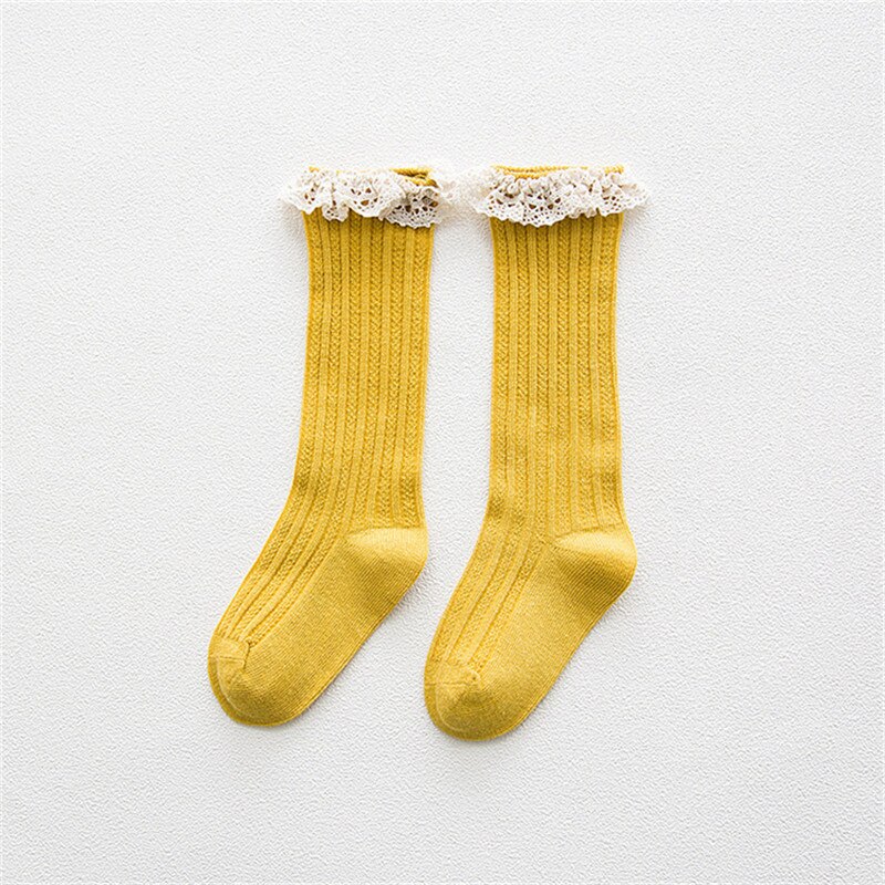 Calcetines hasta la rodilla con volantes de encaje para niños y niñas, medias largas y suaves de algodón, calentadores de piernas de 1 a 8 años, novedad: Yellow / 5-8Years(L)