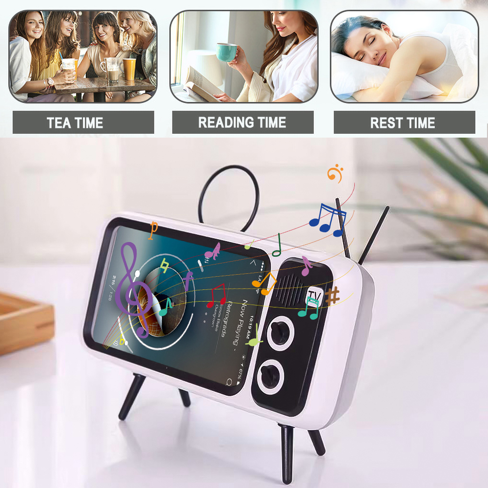 Kebidu Wireless Bluetooth Bass Speaker Retro TV Mobile Phone Holder Stand Mini Portable Speaker Retro Photo Frame