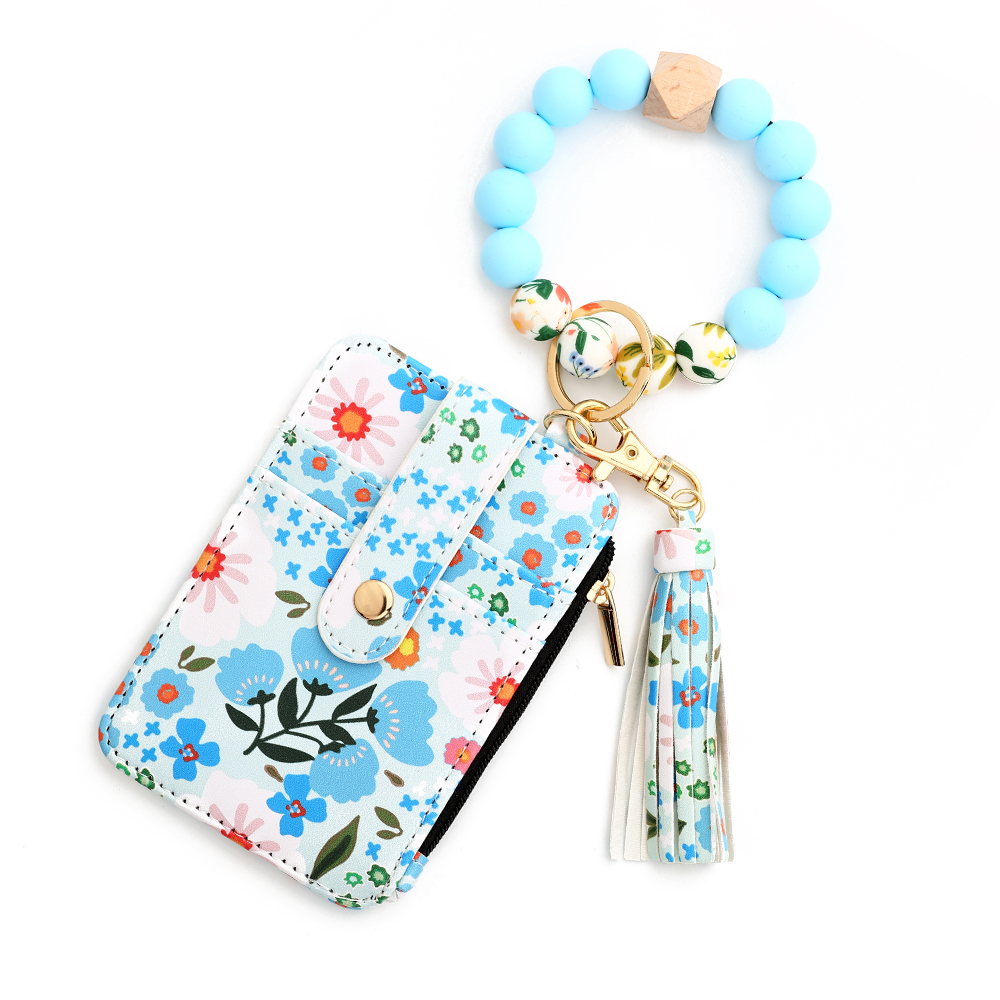 Silicone bead pu leather key chain wristlet id credit card holder keychain wallet for women Pink Flower Print Wallet: Orange