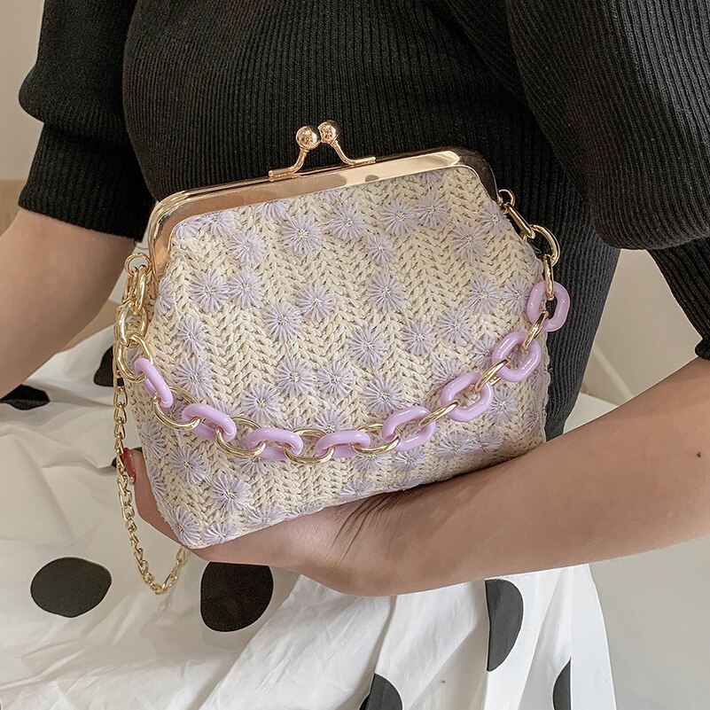 Zomer Stro Geweven Shell Tas Bloem Borduren Vrouwen Tassen Avond Schouder Crossbody Tas Vrouwen Reistas