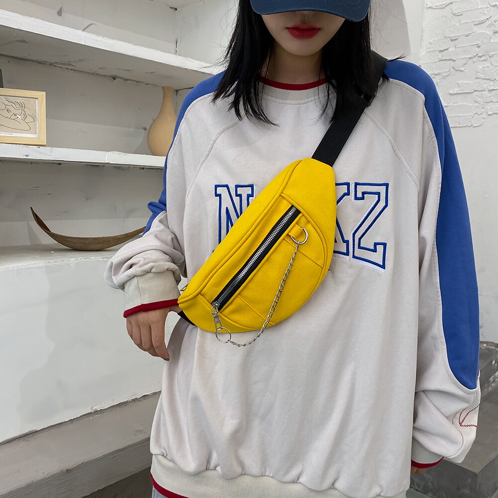 Casual Straat Borst Tassen Vrouwen Effen Kleur Riem Fanny Pouch Keten Rits Vrouwelijke Meisje Dagelijks Reizen Crossbody Schouder Pak Dames