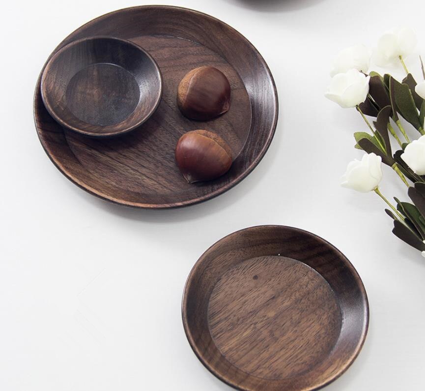 Platos de madera de nogal negro, platos de frutas, platillo, bandeja de té, plato de postre, platos de madera