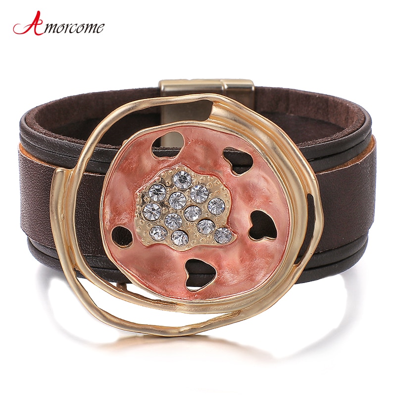 Amorcome Brown Cuff Women Leather Bracelet Bangles Simple Rhinestone Irregualr Round Charm Wide Wrap Bracelet Female Jewelry