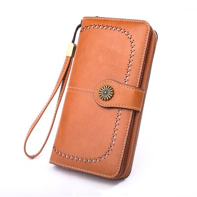 Damen-geldbörse aus gewachstem leder im retro-stil mit langem reißverschluss, handytasche, kartenetui und handtasche.: Braun