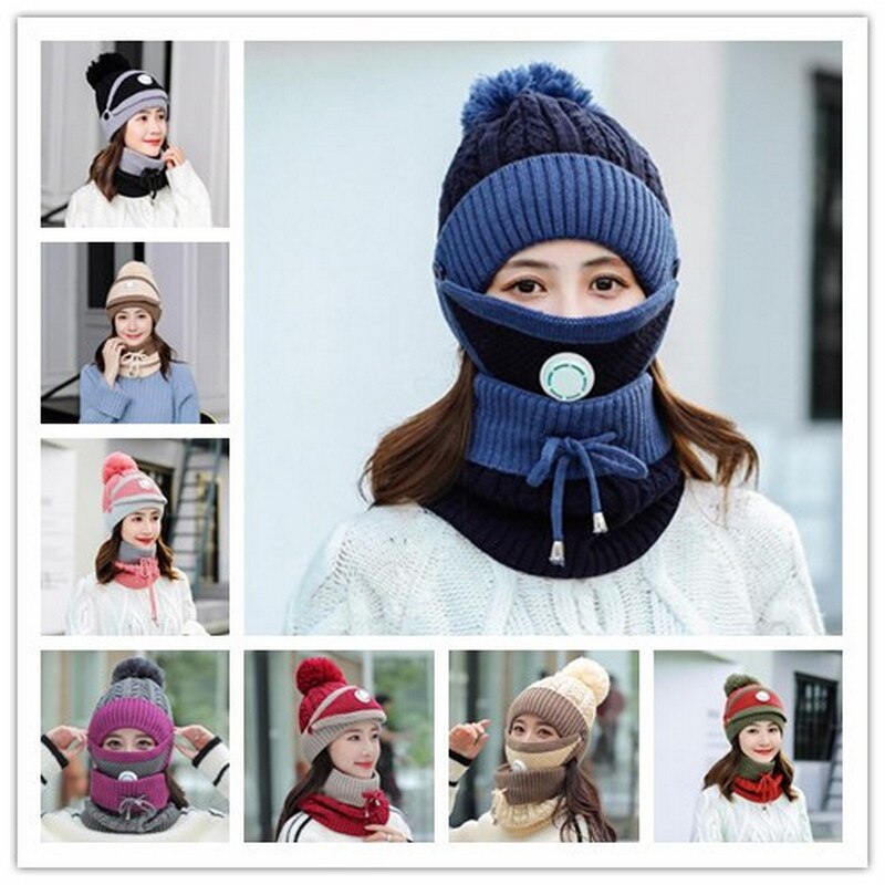 Womens Fleece Beanie Muts Winter 3 Stuks Set Muts Sjaal Masker Set Warme Zachte Fleece Gevoerde Ski Hoed met Pompom Hat032