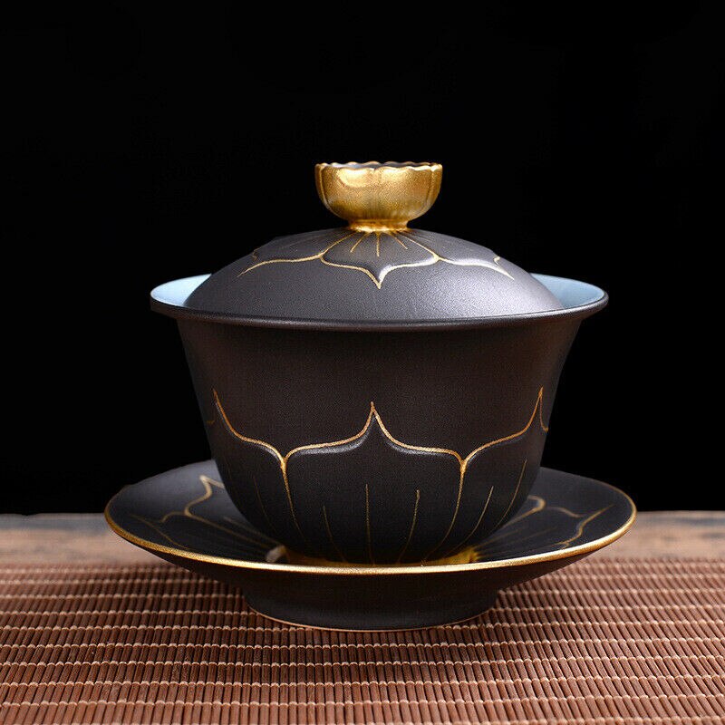 Anti-Brandwonden Porselein Gaiwan Lotus Chinese Kongfu Thee Set Bedekt Kom 170Ml Zwarte Goud Kleur Keramische Thee Kom