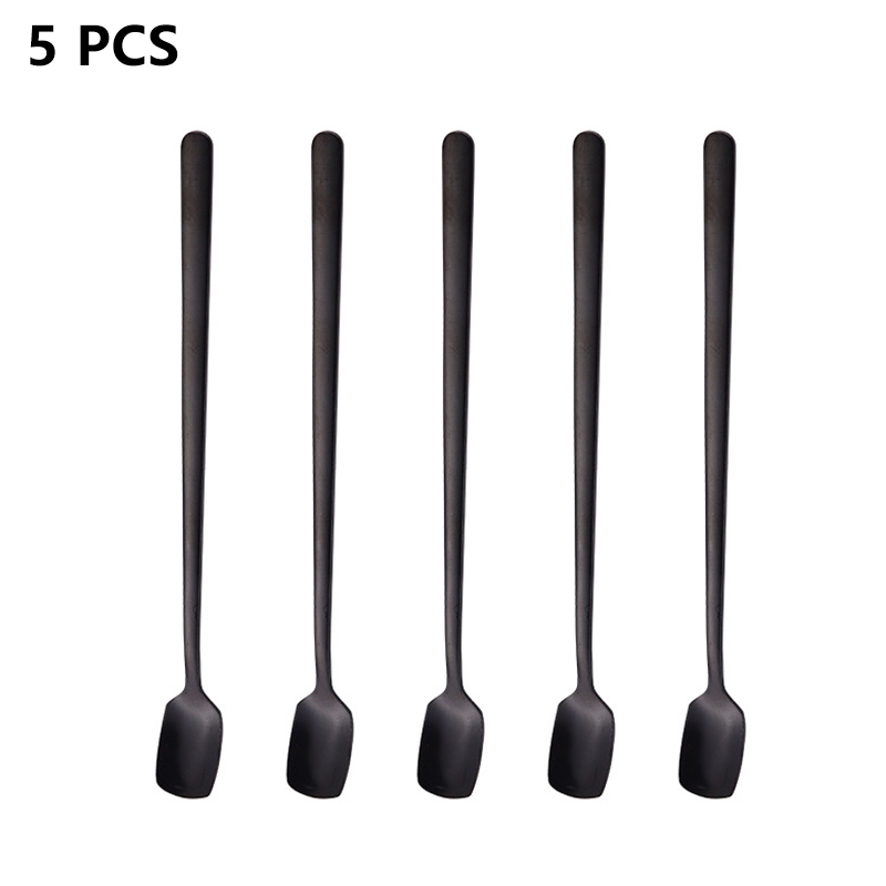 1/5PCS Square-Headed Teaspoon Long Handle Stainless Steel Coffee Stirring Spoons Dessert Ice Cream Mini Scoop Kitchen Tableware: 5PCS-black