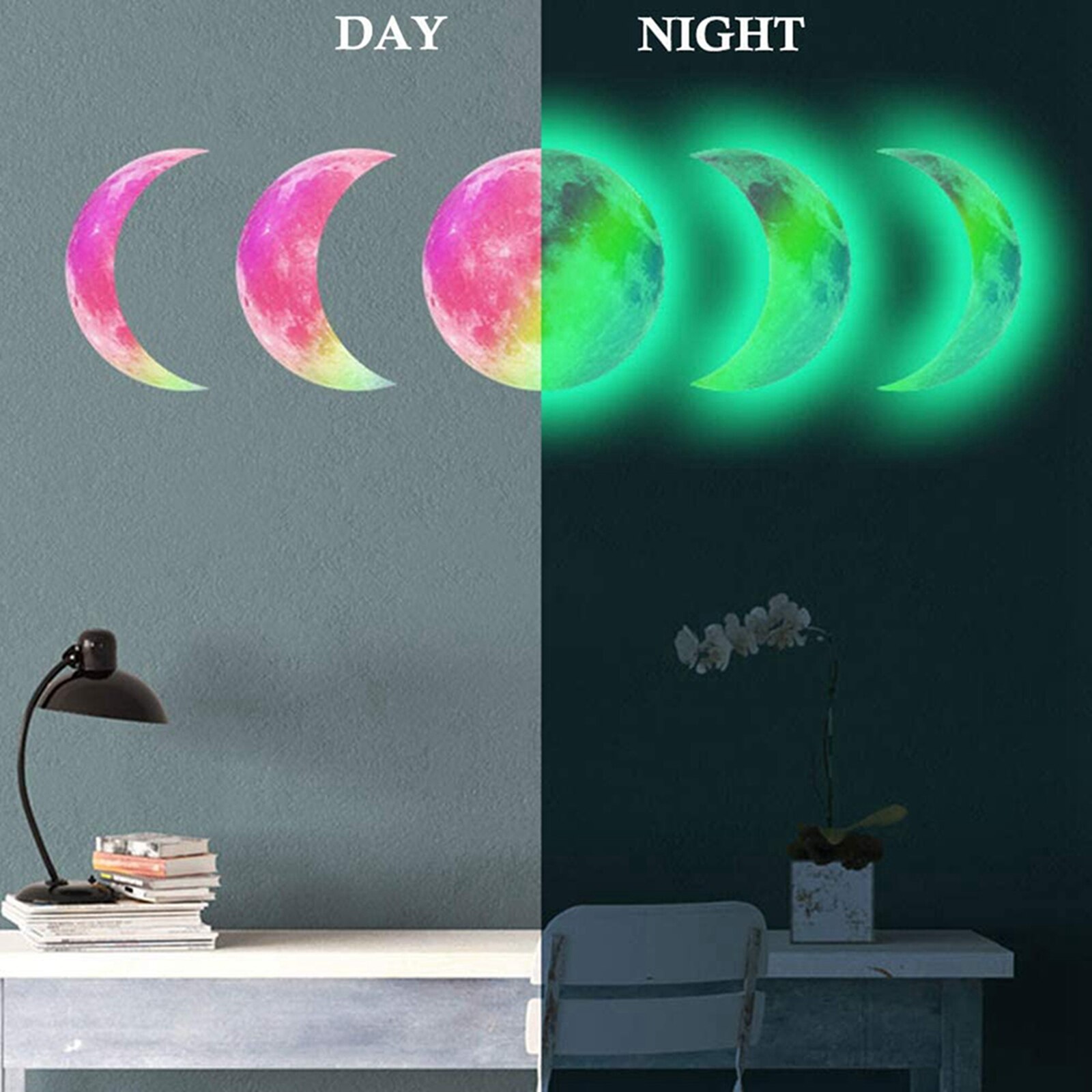 Glowing Stickers Beautiful Moon Phase Luminous Removable Adhesive Wall Decals for Ceiling Bedroom Decor