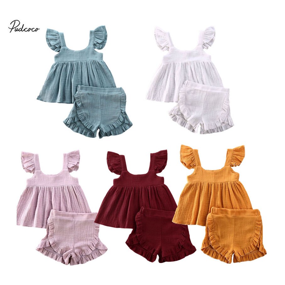 Vêtements d'été pour bébés, ensemble de 2 pièces pour bébés filles, en coton et en lin, chemise hauts haut et short en PP, tenue de soleil solide, tendance