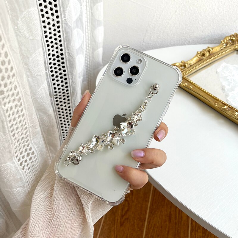 Qianliyao Strass Ketting Telefoon Case Voor Iphone 12 Mini 11 Pro Max 7 8 Plus X Xr Xs Se gevallen Armband Clear Bescherm Cover