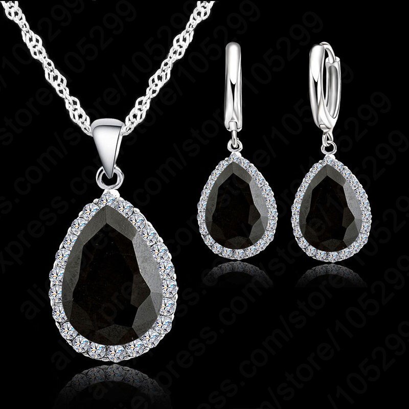 925 Sterling Silver Necklace Jewelry Set Water Cubic Zircon Crystal Necklaces Wedding Necklace Pendants For Women: black