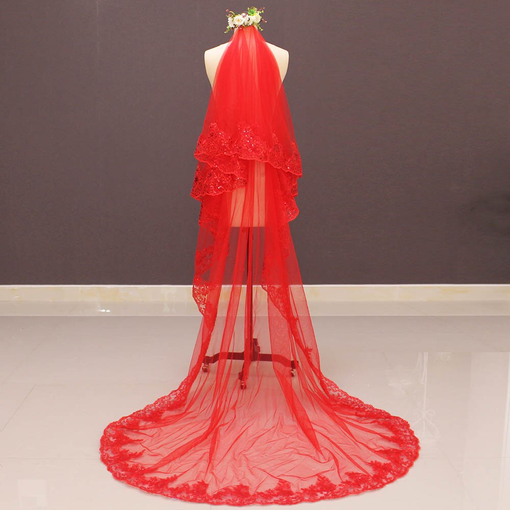 Stunning Red Wedding Veil 2 Layer Long Bridal Veil with Sparkling Sequins Colorful Cover Face Veil with Comb Velo Novia Encaje