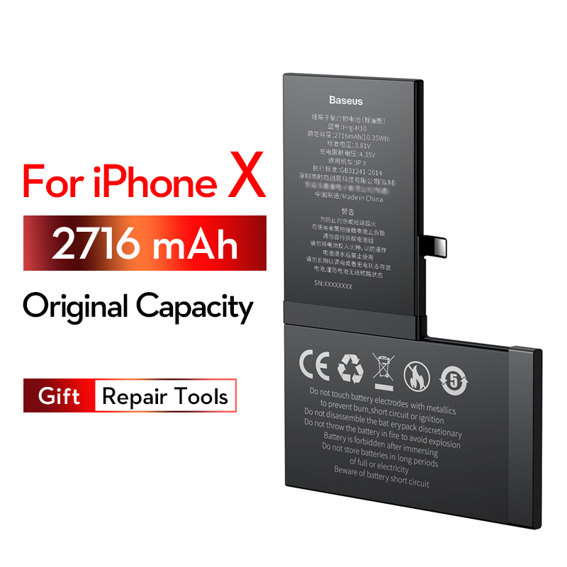 Baseus Phone Battery For iPhone X XS MAX XR High Originl Capacity Replacement Batteries with Free Tools: 2716mAh For iphoneX