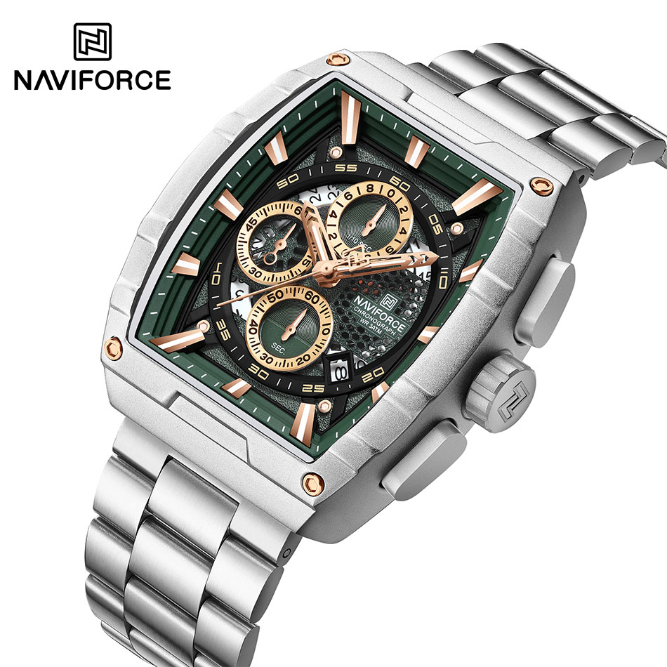 NAVIFORCE zegarek kwarcowy dla mężczyzn moda wodoodporny świecący chronograf zegarek Auto data pasek ze stali nierdzewnej zegar prezent