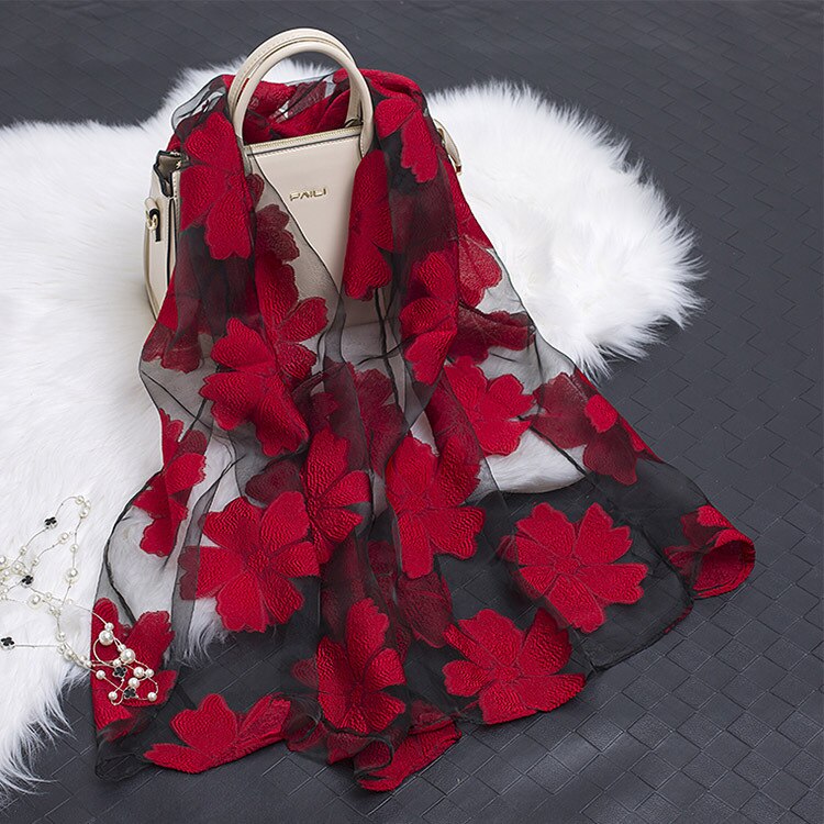 printemps Organza soie écharpe femmes de luxe broderie longue écharpe Hijab hiver dentelle foulards châle pour fille accessoires: Rouge