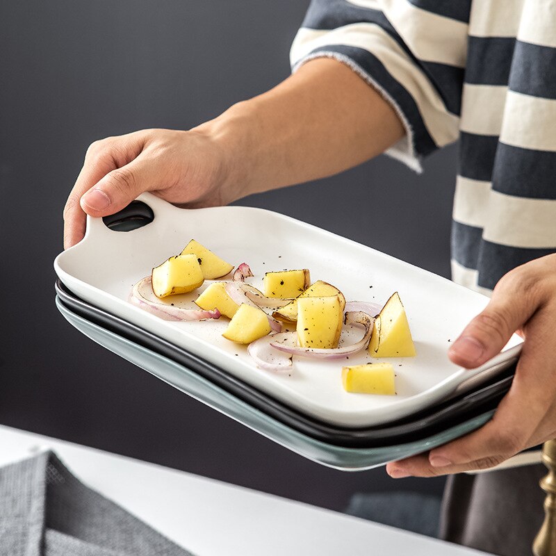 Nordic Matte Ceramic Plate Double Ear Household Plate Dim Sum Baking Plate Red Western Plate Square Plates Set Diner Plate