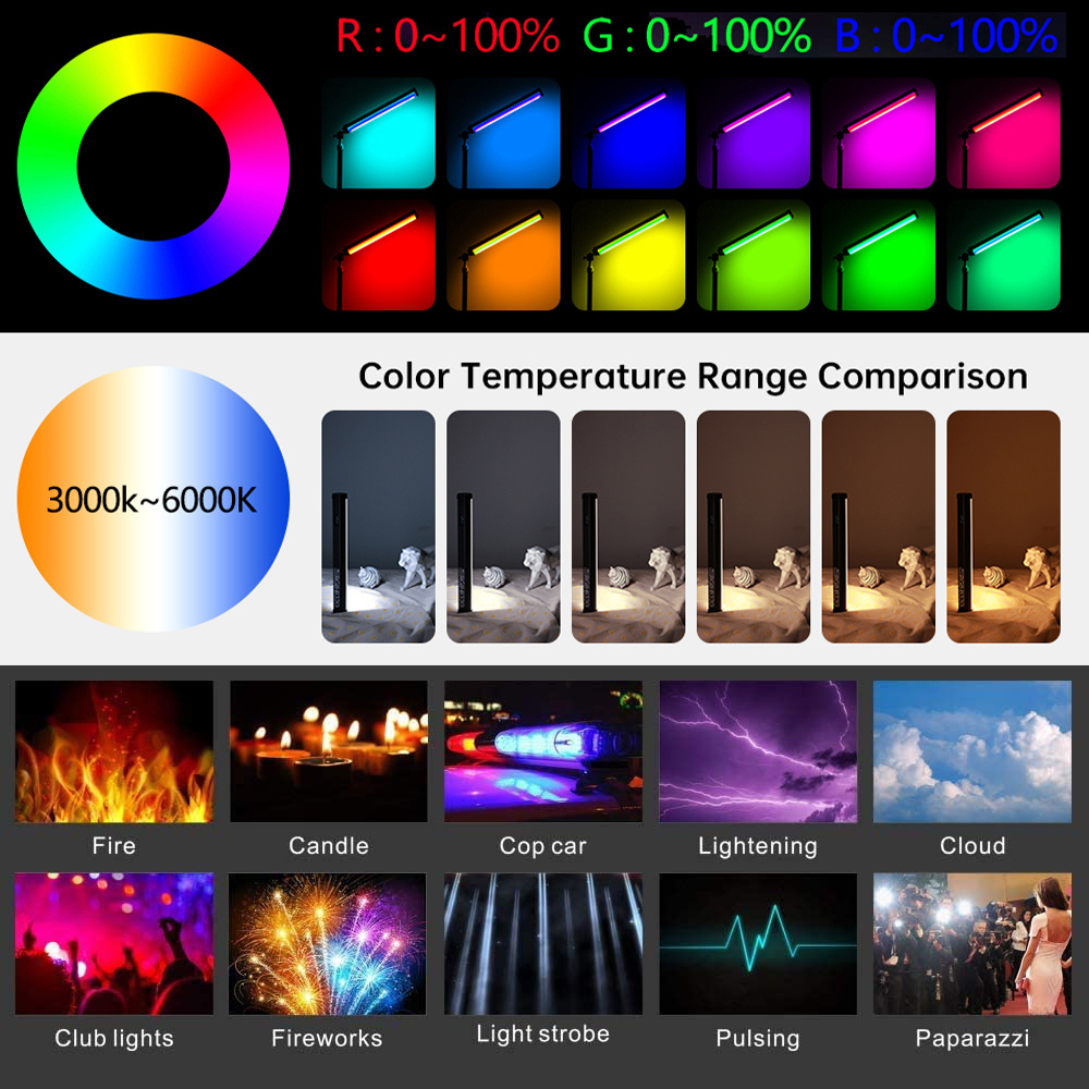 Baguette lumineuse portative RGB LED 20 "50cm, Tube lumineux pour photographie, bâton lumineux avec gradation, batterie Rechargeable avec trépied