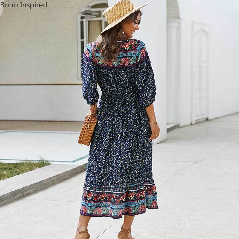 Boho inspiroitu kukkaprintti pitkä boho mekko puuvilla kevät kesä mekko tupsu sidottu v-pääntie rento naisten mekko boheemi mekko